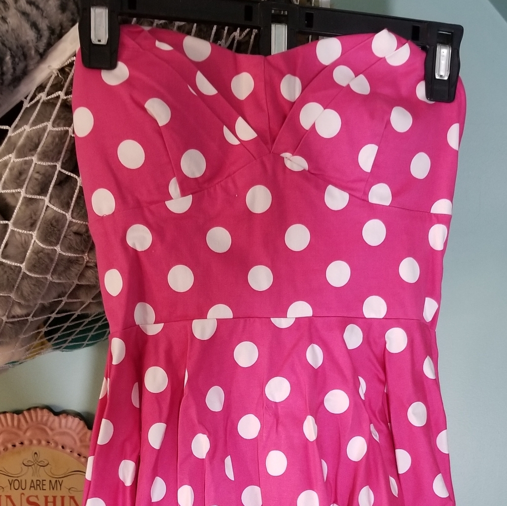 Pink Tube Top Mini Dress with White Polka Dots